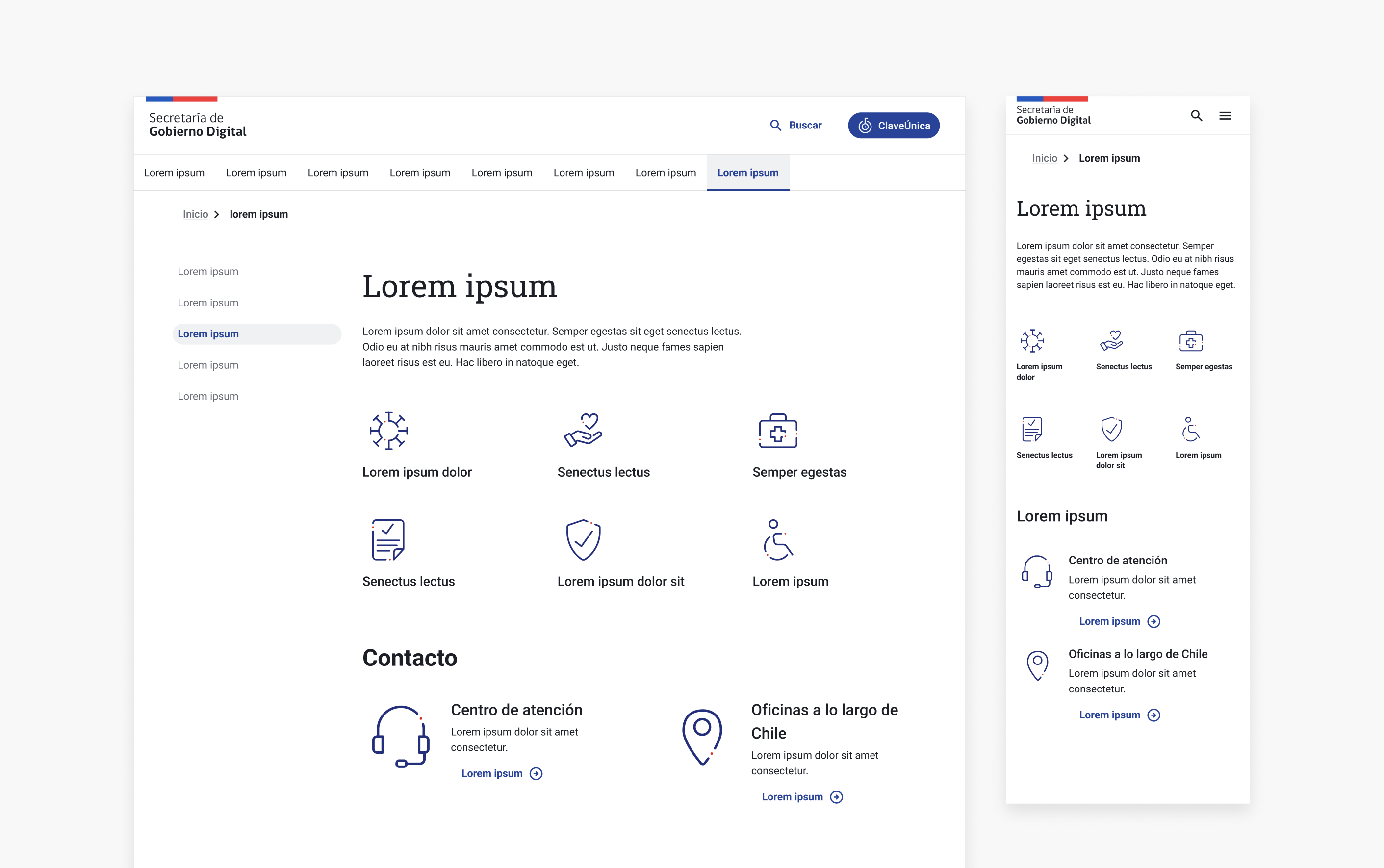 Página de ejemplo en modo claro que usa pictogramas junto a los títulos de sus tarjetas, en escritorio y en mobile